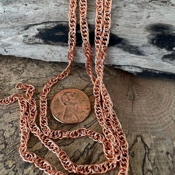 Pure COPPER Small Rope Chain, Bright Unsealed Copper, 3.09x4.39mm links,  Bulk Chain by the Foot, No Clasp, Made In USA