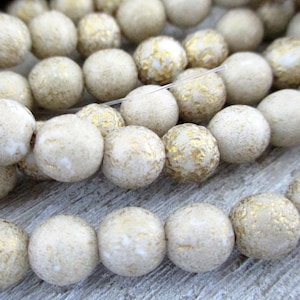6mm Beige Gold Wash Druk Czech Glass Beads, Etched Round Beads, Full Strand of 30 Beads