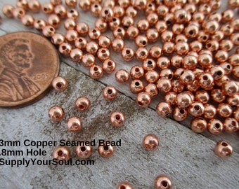 COPPER ROUND 3MM Beads 50 Pieces, Seamed Hollow bead, .8mm Hole, Ready to Ship, Made in US