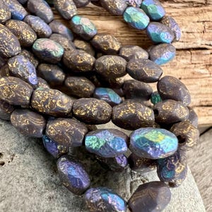 7x5mm Etched Thistle with Gold AB Faceted Beads, Strand of 20, Czech Glass Beads
