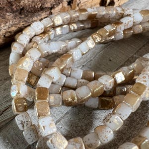 4mm White with Gold Square Beads, Strand of 40 Cube Beads, 1mm Hole, 6/0 Boho Czech Glass Cube Beads
