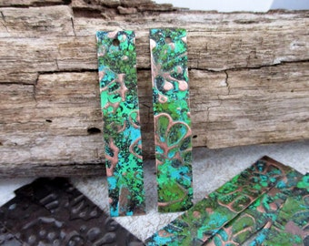 2 Copper Patina Plank Charms, 2" Long Embossed River Run Patina, Optional Holes for Hanging, Ready to Ship