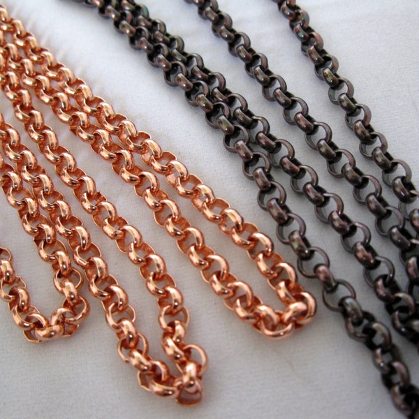 Copper Rolo Chain 4.6mm,  Bright or Oxidized, 16 to 72 inch lengths, Real Copper Bulk chain No Clasp