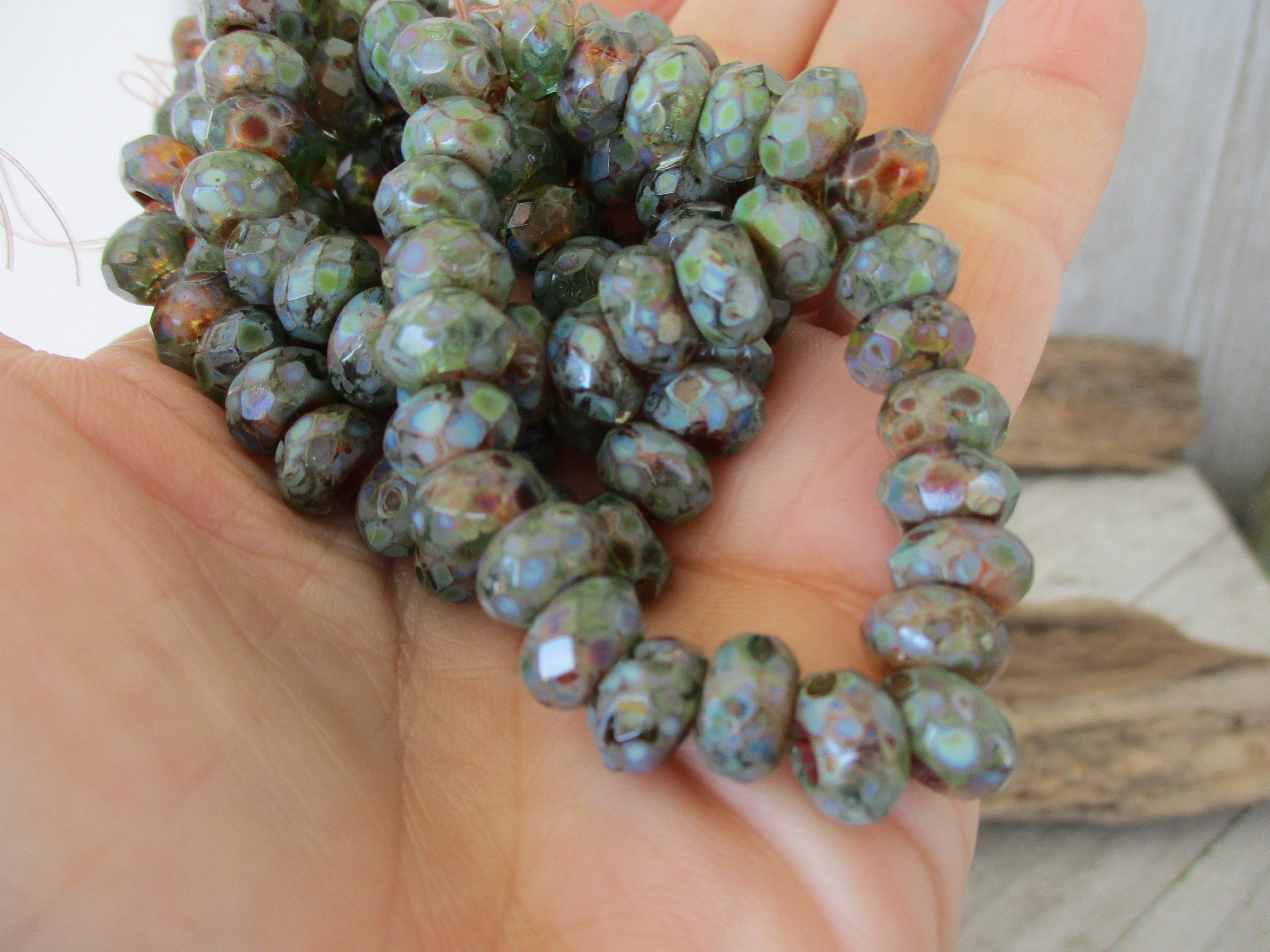 Tea Green with Mercury Finish ~ Czech 6x9mm Glass Roller Beads ~ 10 Bead Lots ~
