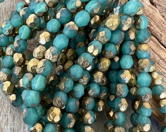 6mm Sky Blue Gold Etched Czech Glass Faceted  Beads, Strand of 25, Ready to Ship