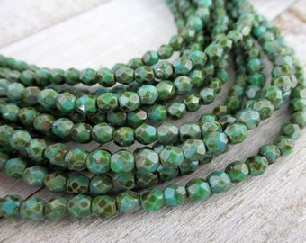 4mm Dark Turquoise Picasso Czech Glass Beads, Etched Fire Polished Seed Beads, Full Strand of 50 Beads