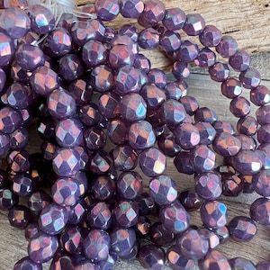 6mm Purple Pansy Czech Glass Faceted  Beads, Strand of 25, Ready to Ship