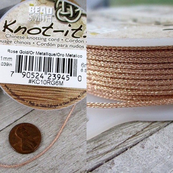 1mm Chinese Knotting Cord, Metallic Rose Gold, 6 Meters Braided Nylon Cord for Shambala Bracelets, Micro Macrame, Crochet