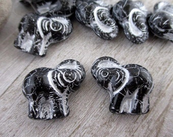 2 Black with Silver Wash Elephant Beads, 20x23mm Top Drilled, Czech Glass Beads, Made in Czech Republic