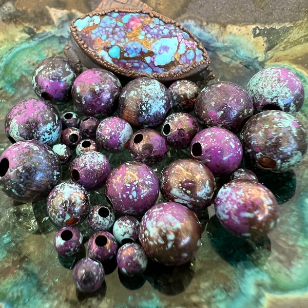 Purple Mohave Turquoise Copper Patina Beads, Choose 4mm, 6mm, 8mm, 10mm, 10 Pure Copper Beads Hand Applied Patina, Large Hole Boho Beads