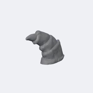 May include: A small, solid gray figurine shaped like a stylized, pointed hood or cowl. The object features a smooth, matte surface with a distinct, curved, and elongated peak extending forward, resembling a draped garment or a sculptural headpiece.