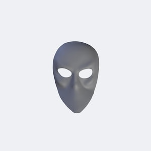 May include: A smooth, matte grey full-face mask featuring an oval-shaped head design, two almond-shaped eye cutouts, and a pointed chin area. The mask has a seamless, solid construction with a neutral, featureless surface and no visible attachments.