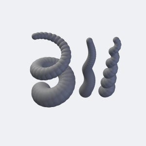 May include: Three gray, segmented, horn-like objects with a smooth, matte finish. One object is coiled into a spiral shape, while the other two are elongated, tapering forms with a series of rounded, stacked rings along their length.