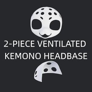 May include: A white 2-piece ventilated kemono headbase featuring a stylised face with large eye sockets and a small nose area, accompanied by a separate curved top section with circular ventilation holes, with the text 2-PIECE VENTILATED KEMONO HEADBASE.