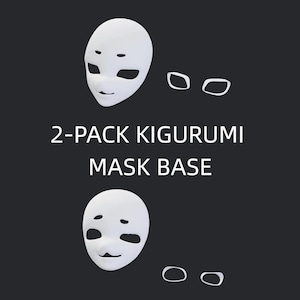 May include: A 2-pack kigurumi mask base set featuring two white, smooth, stylized face masks with large eye openings and small eyebrow indentations, accompanied by two separate pairs of white eye-frame inserts on a dark background.