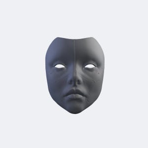 May include: A matte gray full-face mask featuring a smooth, sculpted human-like visage with subtle, thin engraved lines tracing the contours of the eyes, cheeks, and jawline, creating a clean, uniform appearance with a central vertical seam.