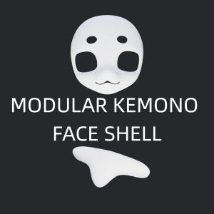 May include: A white modular kemono face shell with large black eye sockets, small black eyebrow markings, and a small mouth. Below the face is a separate white nose piece. The text MODULAR KEMONO FACE SHELL is printed in white on a dark background.