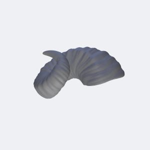 May include: A single, curved, light grey animal horn featuring a series of deep, horizontal ridges along its entire length. The horn tapers to a smooth, pointed tip at one end and has a wider, rounded base at the other, showcasing a natural, organic shape.