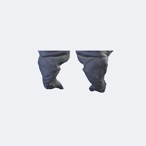 May include: Two separate, grey, sculpted leg components for a figurine. Each piece features a thick, muscular, and textured appearance with deep, irregular folds and creases throughout the surface, ending in a rounded, foot-like base structure.