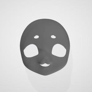 May include: A gray mask with a smiling face design. The mask features large, open eye and cheek areas, small eye holes, a small nose, and a smiling mouth. The mask is a solid gray color.