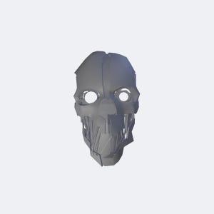 May include: A light gray, angular, geometric mask featuring a fragmented, skeletal design. The mask has two large, circular eye openings and a lower section composed of vertical, thin, bar-like structures that resemble teeth or a cage-like jaw.