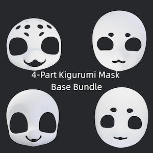 May include: A 4-part Kigurumi mask base bundle featuring four distinct white mask bases with varied eye, nose, and mouth cutouts. The text 4-Part Kigurumi Mask Base Bundle is centered among the four white, smooth, rounded face-shaped mask components.
