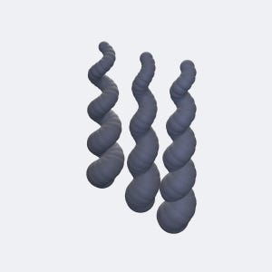 May include: Three dark gray, spiraled, horn-shaped objects arranged vertically. Each piece features a segmented, twisted design that tapers toward the top, creating a distinct corkscrew silhouette with a smooth, matte finish and rounded edges.