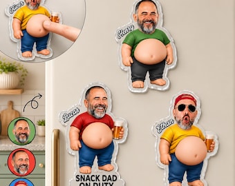 Custom Face Dad Bod Magnet with Squishy Belly, Funny Personalized Father's Day Gift for Husband, Poke Belly Fridge Decor, Gag Gift for Him
