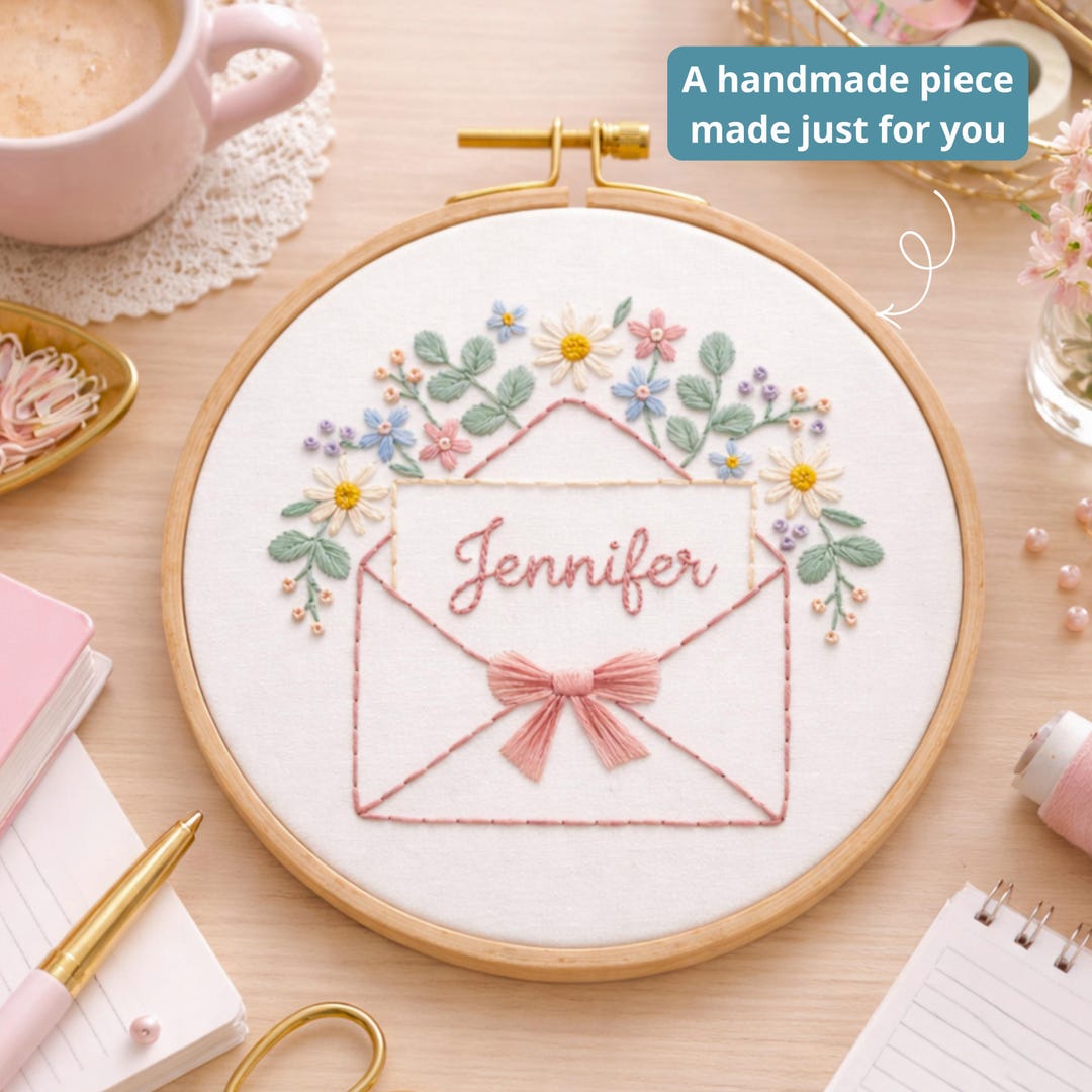 Personalized Floral Envelope Embroidery Hoop, Custom Name Hoop Art ...