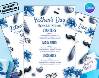 Vaderdagmenusjabloon, bewerkbare BBQ-cookout-menukaart, restaurantvoedselmenu, barbecuefeestmenu, canvas bewerkbaar, direct downloaden