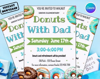 Flyersjabloon Donuts met papa, Canva bewerkbare school Vaderdagviering uitnodiging, PTO PTA Vaderdagbrunchevenement, Instant Download