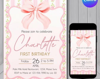 Pink Bow Birthday Invitation Template, Editable Coquette Girl Party Invite, Any Age Bow Theme Birthday Canva Template, Digital Download