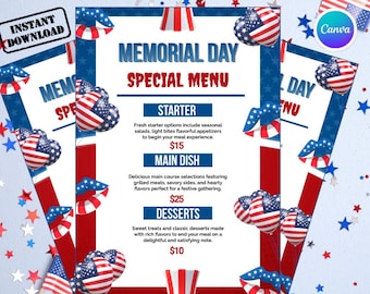 Memorial Day Menu Template Canva Editable, Memorial Day BBQ Dinner Menu Flyer, Memorial Day Cookout Menu Canva Template, Instant Download