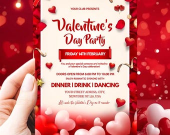 Valentine’s Day Party Invitation Template | Editable Canva Valentine Flyer | Red Hearts Romantic Event Invite | Printable Romantic Invite