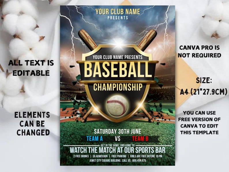 Editable Baseball Championship Flyer Template Canva, Sports Tournament ...