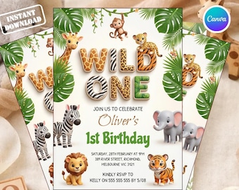 Wild One First Birthday Invitation Template, Safari Jungle 1st Birthday Invite, Editable Canva Digital Download, Jungle Animals Boy Party