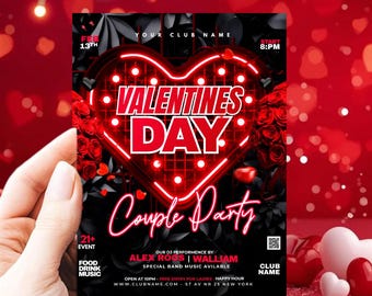 Valentine’s Day Couple Party Invitation | Romantic Red Hearts Flyer | Editable Canva Valentine Party Invite | Printable Dinner & Love Event