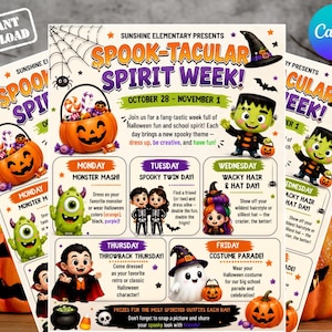 Op de afbeelding: Een flyer getiteld Sunshine Elementary Presents Spook-tacular Spirit Week voor 28 oktober tot 1 november. Het bevat illustraties van een pompoen, een groen monster, een vampier en een geest, met dagelijkse thema's voor de schoolweek.