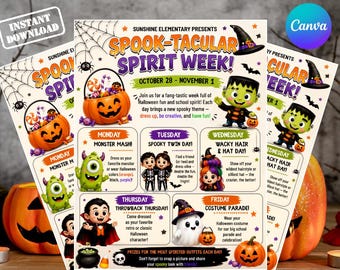 Flyer sjabloon voor Halloween Spirit Week | Bewerkbare Halloween Spirit Week voor scholen | Verkleeddag voor de basisschool (PTO/PTA) in de herfst | Bewerkbaar op Canva