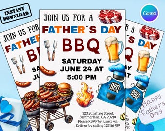 Sjabloon Vaderdag BBQ-uitnodiging, Canva bewerkbare achtertuin Grill Party Invite, Dad Cookout Celebration Card, Instant Download