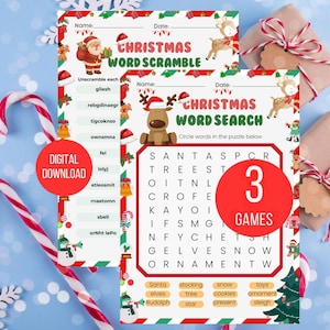 Pode incluir: Jogos imprimíveis com tema natalino, incluindo um jogo de palavras e uma busca de palavras, com ilustrações festivas do Papai Noel, renas e árvores de Natal. Os jogos são rotulados como "3 JOGOS" e estão disponíveis como download digital.