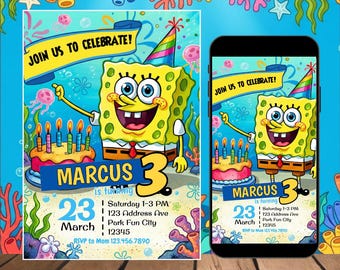 SpongeBob Birthday Invitation Template Editable in Canva | Under the Sea Kids Party Invite | SpongeBob SquarePants Theme Digital Download