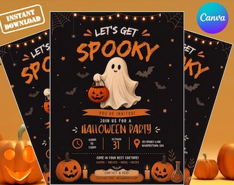 Sjabloon voor een Halloweenfeestuitnodiging, bewerkbare Canva Halloween-uitnodiging, schattige spook- en pompoen-trick-or-treat-party, laten we het griezelig maken (Canva-sjabloon)