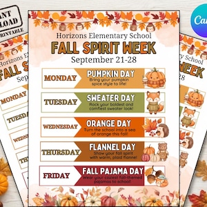 May include: A digital flyer for Horizons Elementary School Fall Spirit Week from September 21-28. The schedule lists Monday as Pumpkin Day, Tuesday as Sweater Day, Wednesday as Orange Day, Thursday as Flannel Day, and Friday as Fall Pajama Day.