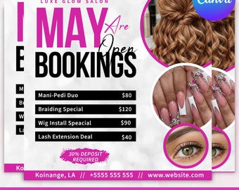 May Booking Flyer Template, Now Booking Beauty Flyer, Mothers Day Promo, Hair Nails Lashes Appointment Flyer Canva Editable Instant Download