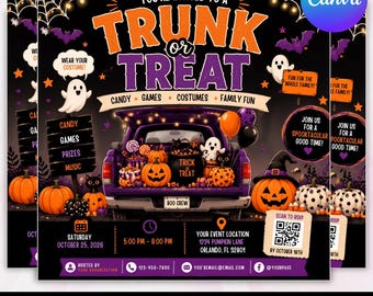 Flyer sjabloon voor Trunk or Treat, bewerkbare Canva Halloween-evenementflyer, Trunk or Treat-sjabloon voor de kerk, Halloween-flyer voor school (direct te downloaden)