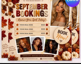 Flyer voor boekingen in september, Flyer voor september, Bewerkbare Canva-flyer voor boekingen in de herfst, Boekingen voor september geopend, Pruik plaatsen, Flyer voor wimper- en nagelvlechten