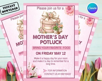 Mother’s Day Potluck Invitation Template, Editable Canva Potluck Invite, Office Party Flyer, Work Luncheon Invitation, Church Potluck Poster