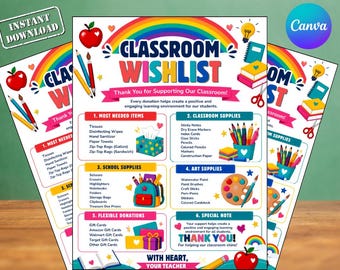 Sjabloon voor een wensenlijst voor in de klas, bewerkbare Canva-wensenlijst voor leerkrachten, aanvraagformulier voor schoolbenodigdheden, enquête voor leerkrachten (direct te downloaden)