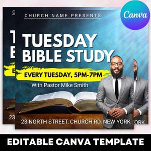 May include: A promotional flyer for a Tuesday Bible Study, featuring the text "1 TUESDAY BIBLE STUDY" in large white letters. The flyer includes the text "EVERY TUESDAY, 5PM-7PM" and "With Pastor Mike Smith". The flyer has a blue and yellow background and includes a photo of a man in a suit.